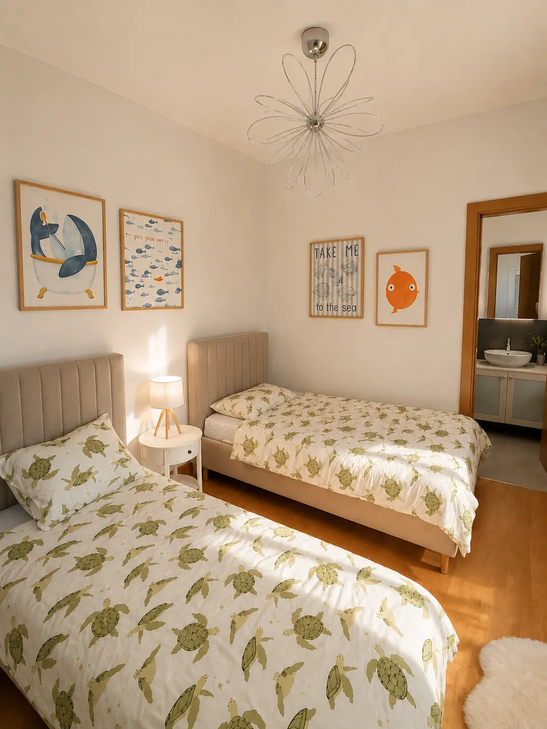 Bright bedroom with sea views