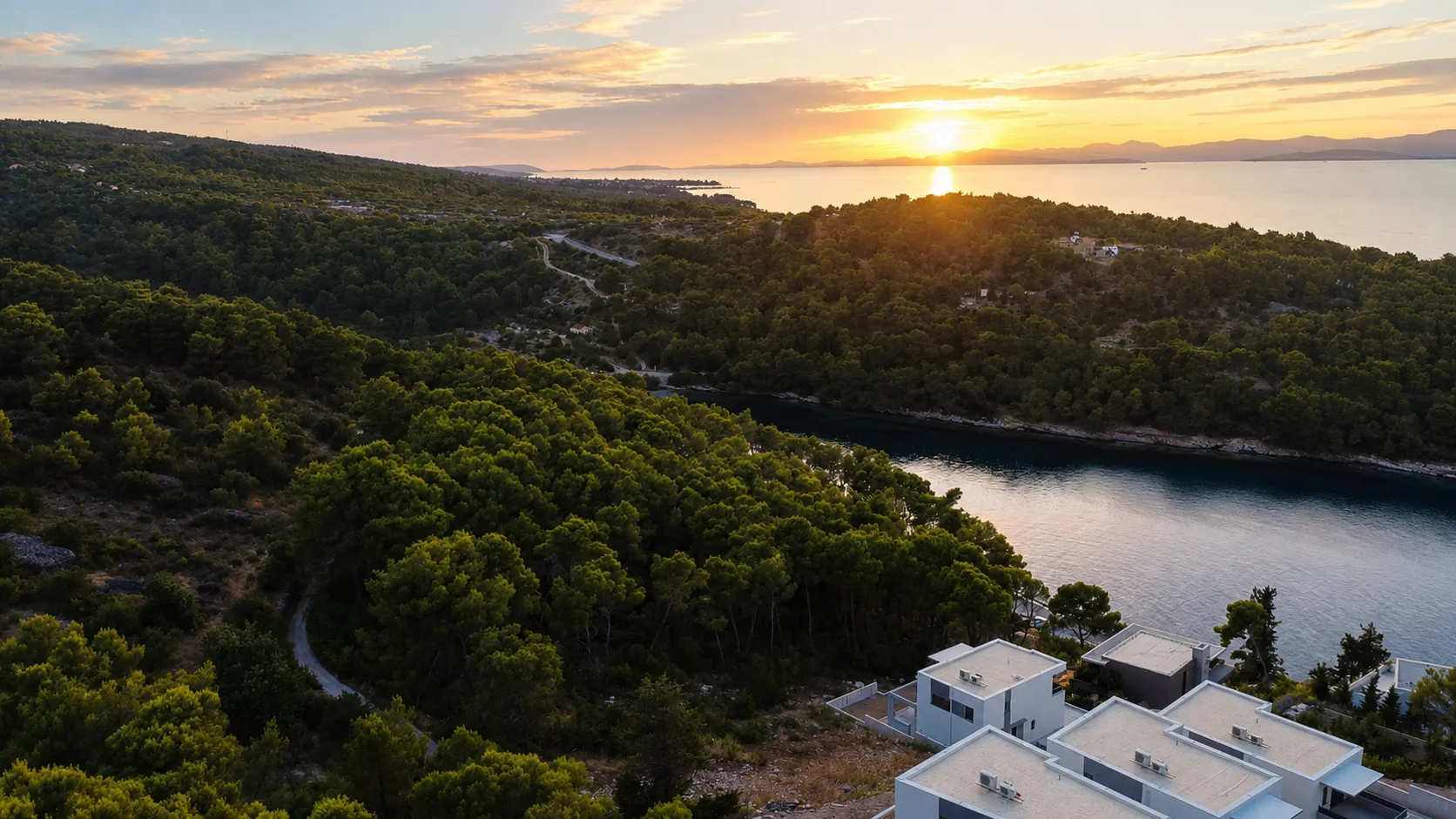 Sunset over the cove near Villa Igalo on Brač island